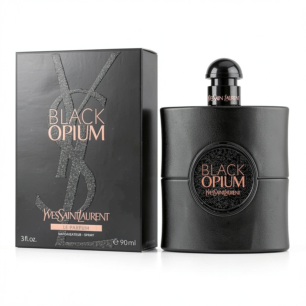 Yves Saint Laurent Black Opium Le Parfum Flasche auf eleganter Oberfläche